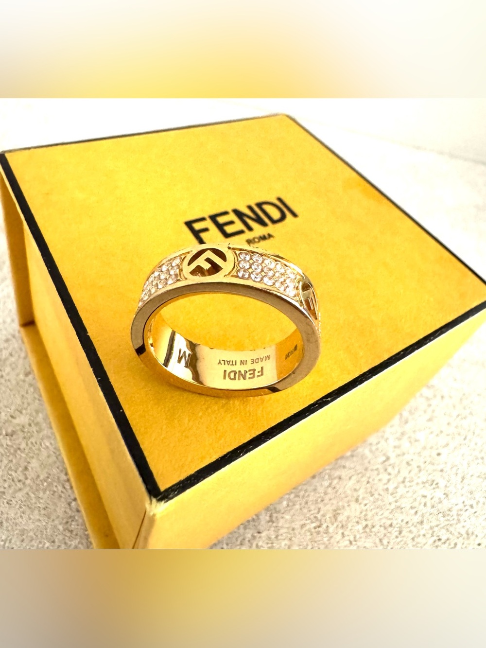 FENDI - FF Crystal Gold Tone Ring Size M Approx US 6.5-7 w Box - Picture 7 of 8